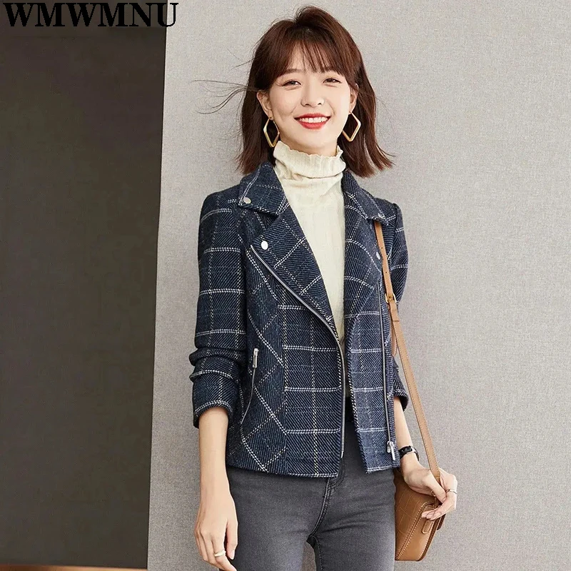 Korean Style Slim Big Size Coat Woolen Office Lady Casual Biker Coats Vintage Short Outwear Chic Short Plaid short Jackets Women