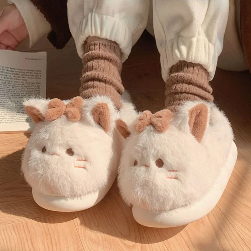 

2023 Cartoon Cute Cat Slippers Women Fluffy Fur Slippers Platform Indoor House Shoes Winter Kawaii Animal Cozy Home Slides Shoes