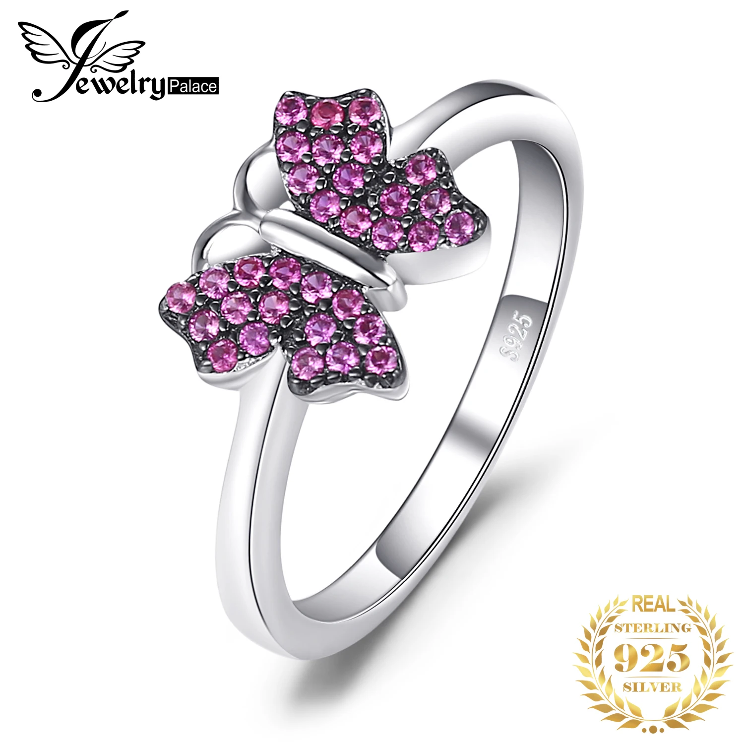 

JewelryPalace Butterfly Red Created Ruby 925 Sterling Silver Rings for Women Fashion Pink Statement Ring Gemstone Jewelry