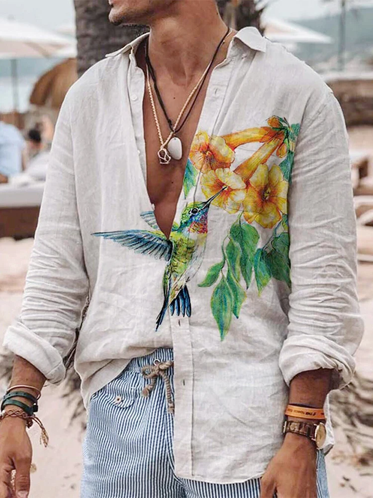 

Vintage Pattern Printed Long Sleeve Turn-down Collar Tops For Men Spring Fashion Streetwear 2022 Summer Casual Mens Beach Shirts