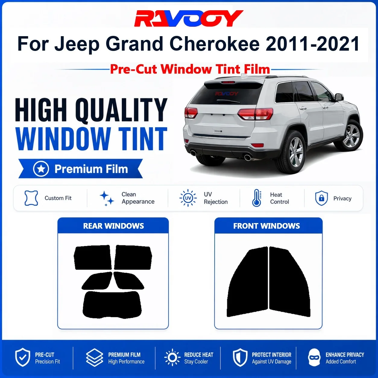 Фото Премиальная предварительно нарезанная тонировочная пленка для окон Jeep Grand Cherokee 2011-2021 (передние и задние стекла), защита от УФ-излучения и перегрева, пленка для обеспечения конфиденциальности. №1