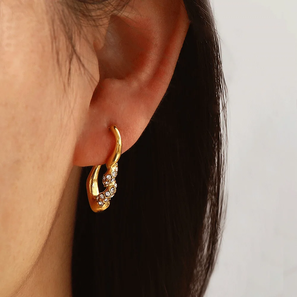 

Minar INS Fashion Spark Rhinestone Hoop Earrings for Women Female 18K Gold Stainless Steel Twist Irregular Earring Party Jewelry