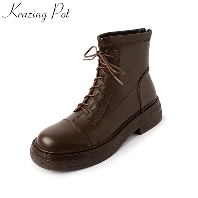 

Krazing Pot superstar Cow Leather high Heels Back Zipper motorcycles Boots Platform Warm Winter Shoes Mature Solid Ankle Boots