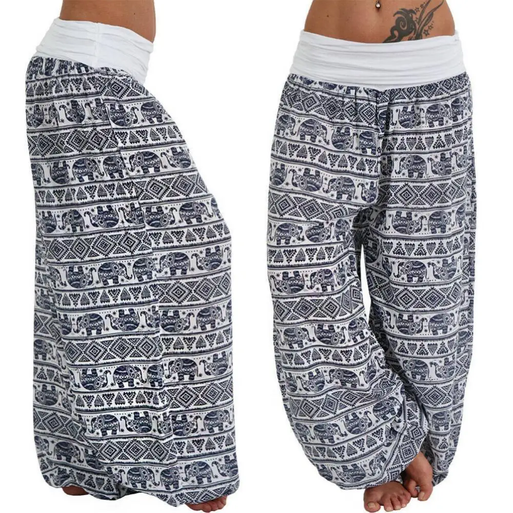 Loose Trousers Pants Women Boho Elephant Print Yoga Low Waist Long Baggy Bloomer Trousers