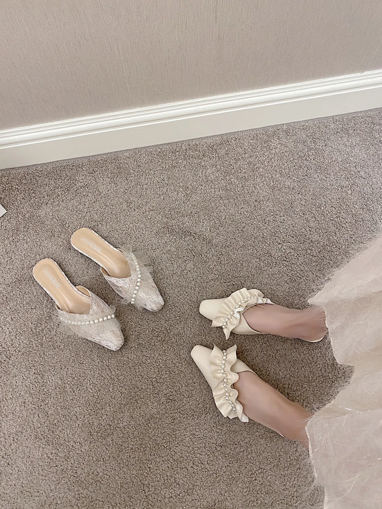 

Female Sandal 2022 Women's Bow Shoes Strappy Heels Round Toe Girls New Flat Elastic Band Pointed Summer Rhinestone Pearl Comfort