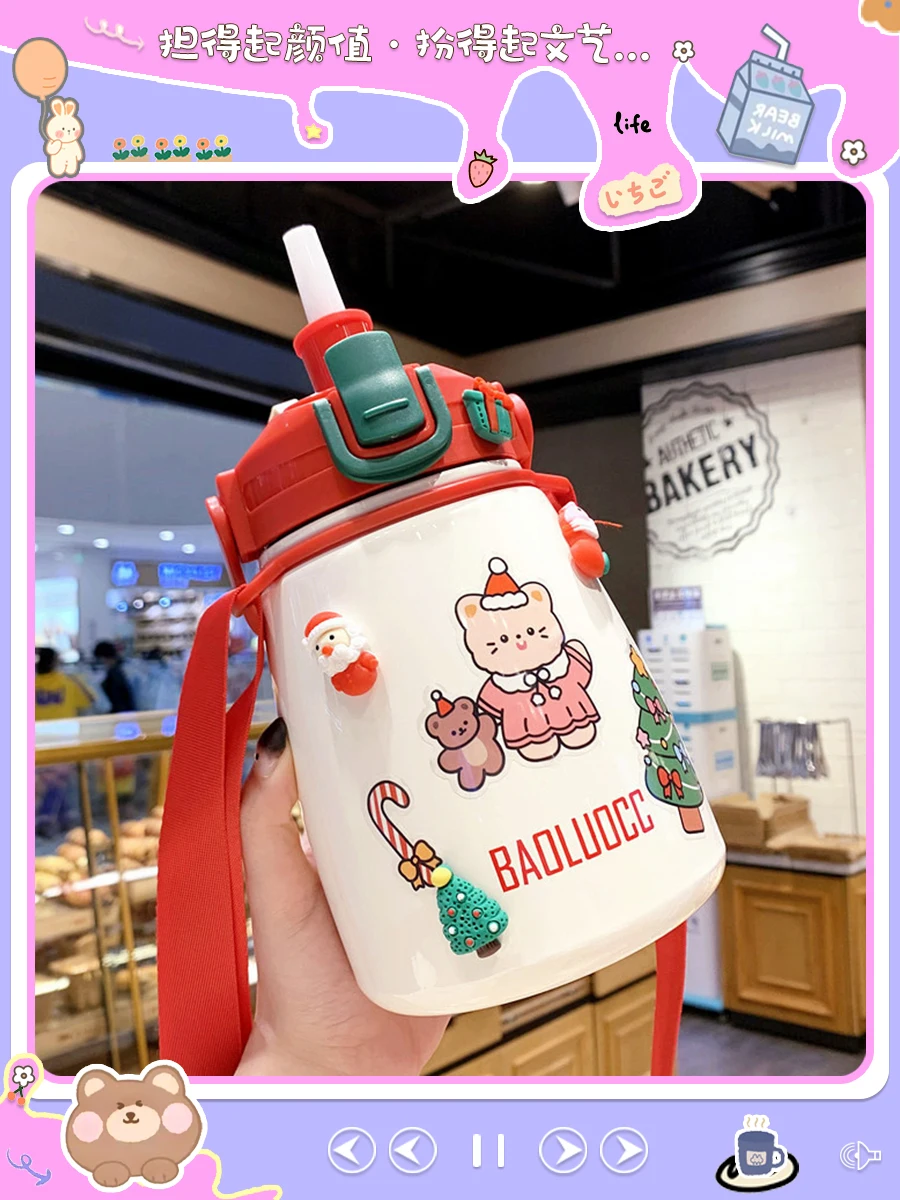 

Christmas Vacuum Flask, Large Capacity, High-value Water Cup with Straw, Portable Pot-belly Cup Thermal Water Bottle