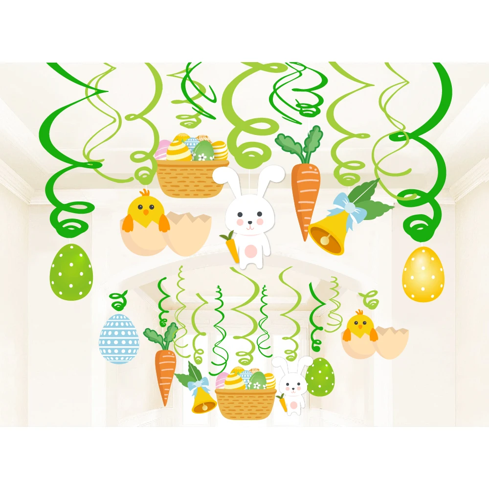 

30pcs Cartoon Animals Chick Rabbit Egg HAPPY EASTER Day Party PVC Ceiling Wall Hanging Swirls Spirals Backdrops Party Supplies