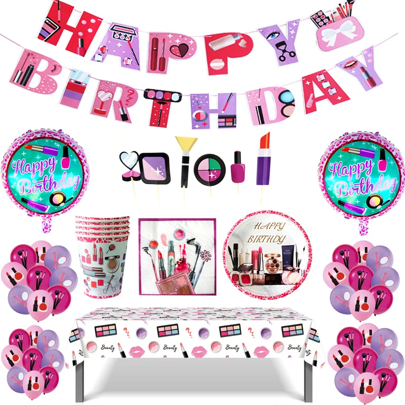 

91pcs/lot Birthday Party Make Up Theme Bunting Cake Topper Foil Balloons Napkins Plates Cups Decorations Girls Favors Tablecloth