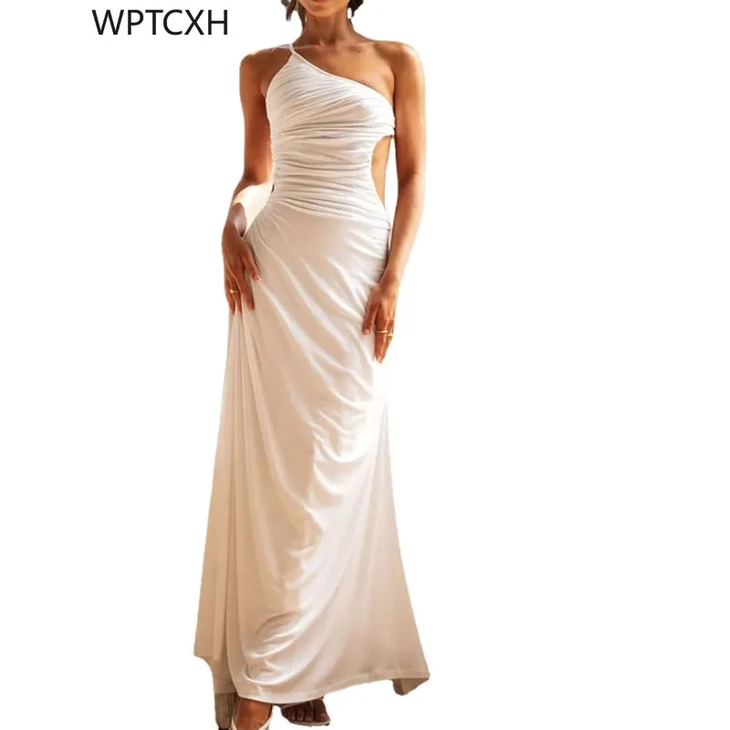 

SpringNew Women Long Dress Elegant One Shoulder Cut Out Backless Party Dress Trendy Solid Color Ruched Sleeveless Dress Hot Sale
