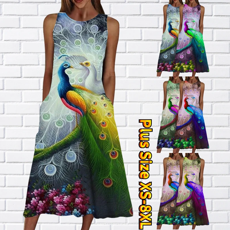 

2023 Women's Daily Street Fashion Dress Summer Knee-length Skirt Loose Crewneck Sleeveless Skirt New Design Printed Slim Skirt