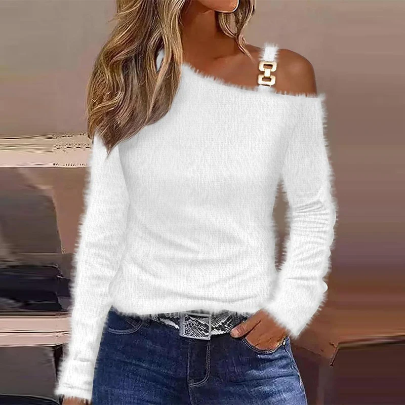 

Женский флисовый топ с косым воротником, привлекательная Однотонная рубашка с открытыми плечами и длинным рукавом, приталенный офисный пул...