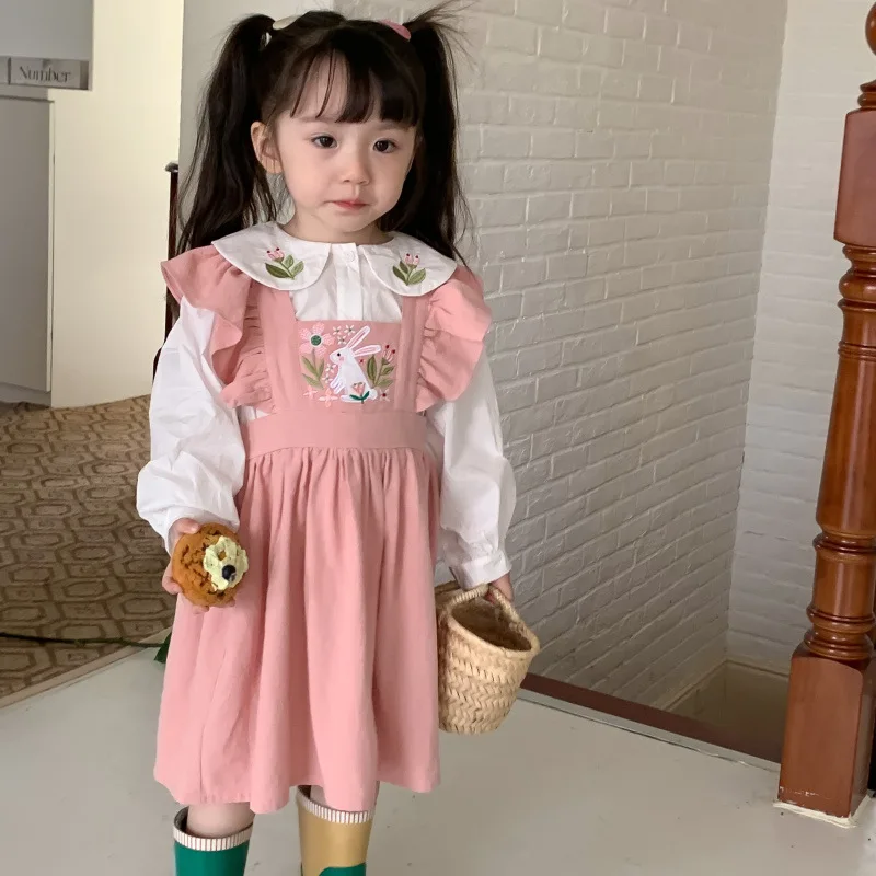 

2023 spring baby casual dresses Cartoon bunny embroidered cute two-piece dress