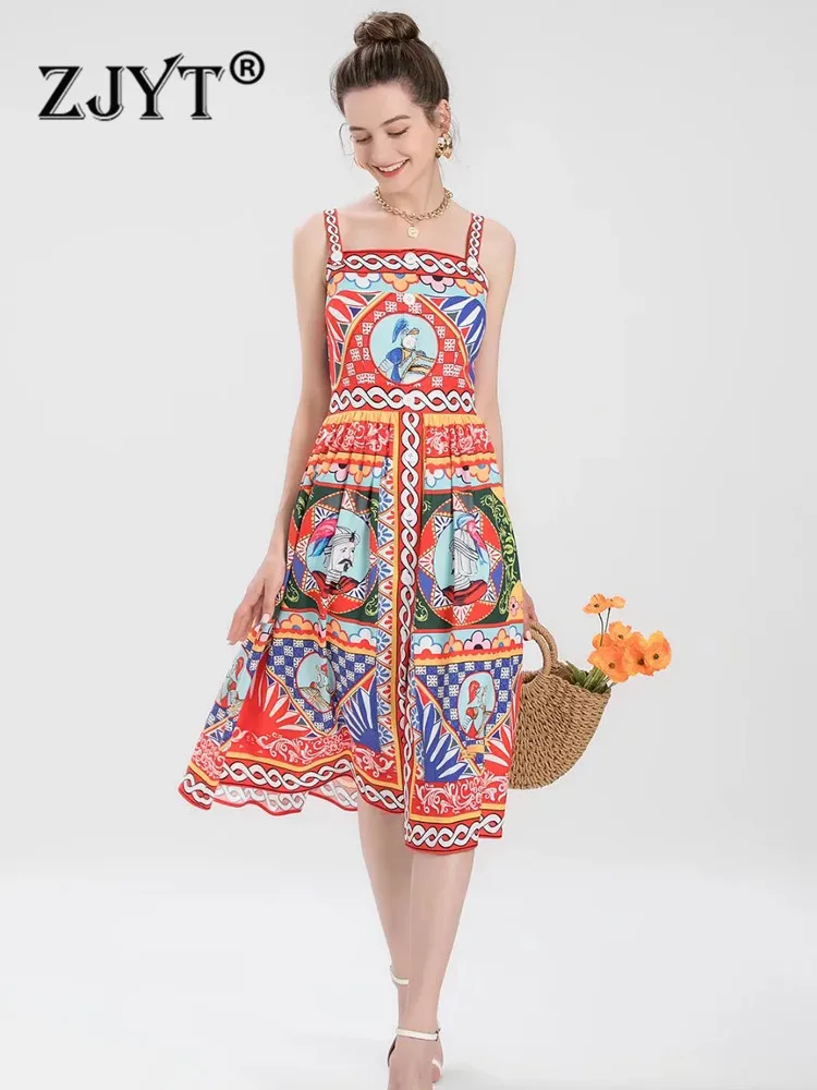 

Summer Fashion Runway Character Patterns Print Vintage Dresses for Women 2021 Spaghetti Strap Midi Vestidos Boho Holiday Robe