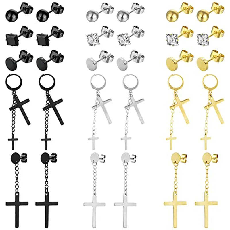 

15 Pairs Stainless Steel Cross Earrings Studs Hoop Earrings Hinged Dangle Cross Earrings Set for Men and Women