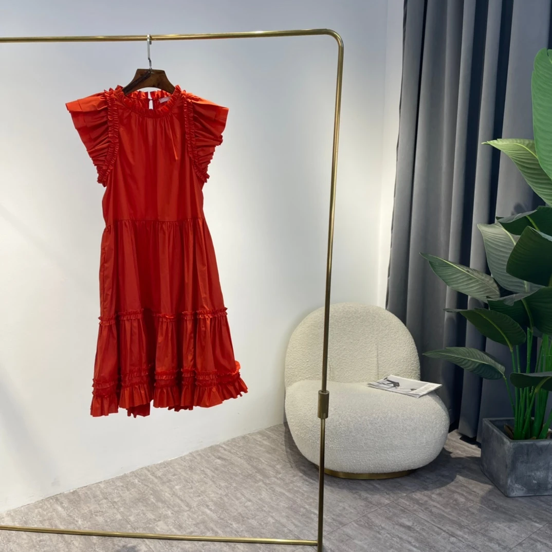 

Ruffles Loose Dresses for Women 2022 Summer New Hot Sale Orange Violet Poplin Cotton Clothing