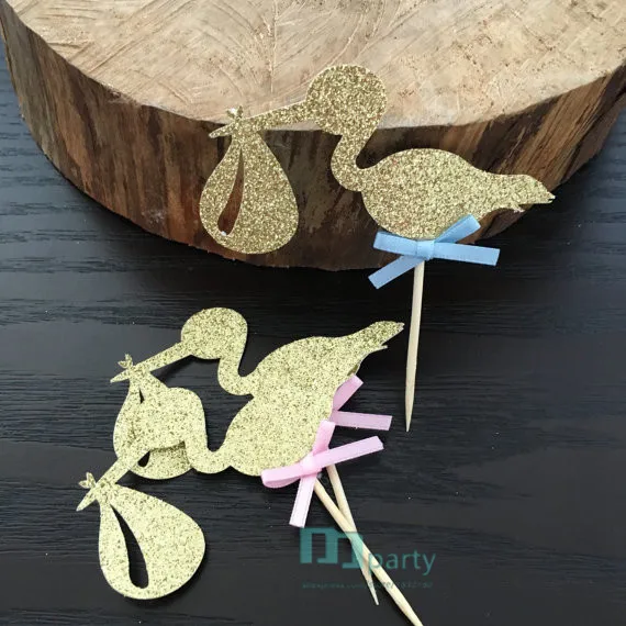 12 шт. глиттерных декораций для кексов "Аист" для вечеринки по поводу рождения ребенка и раскрытия пола.