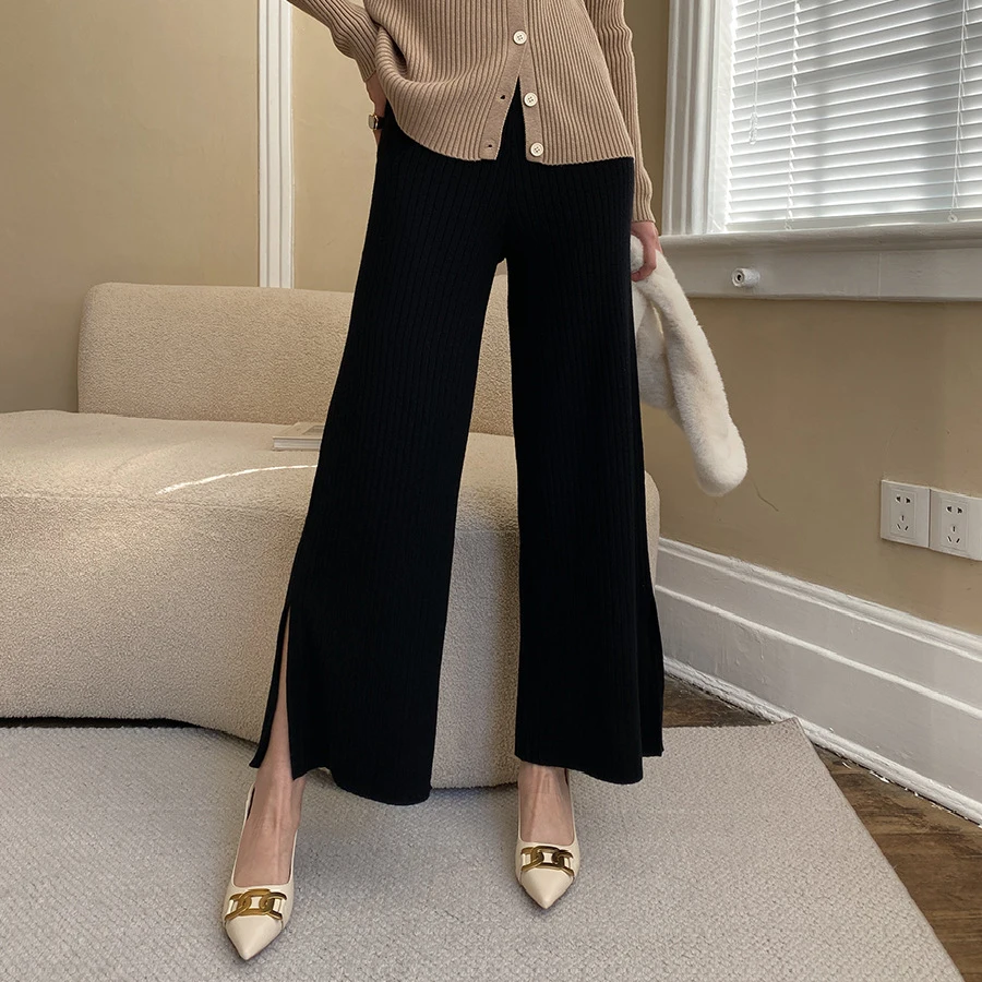 French High Waist Pants Split Pit Knit Pants Straight Wide Leg Pants Hanging Solid Color 2023 Early Spring New Women