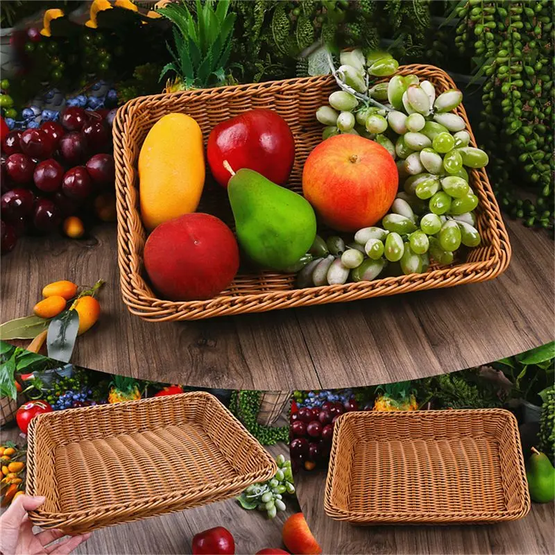 

Light Brown Simple Fashion Hand-Woven Storage Basket Rattan Food Fruit Basket Imitation Rattan Bread Basket