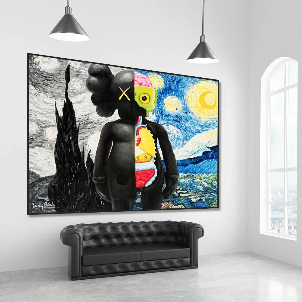 

Cartoon Figure Dissected Van Gogh Canvas Poster Home Decor Painting Starry Art Wall Hanging Pictures Living Room Mural Unframed