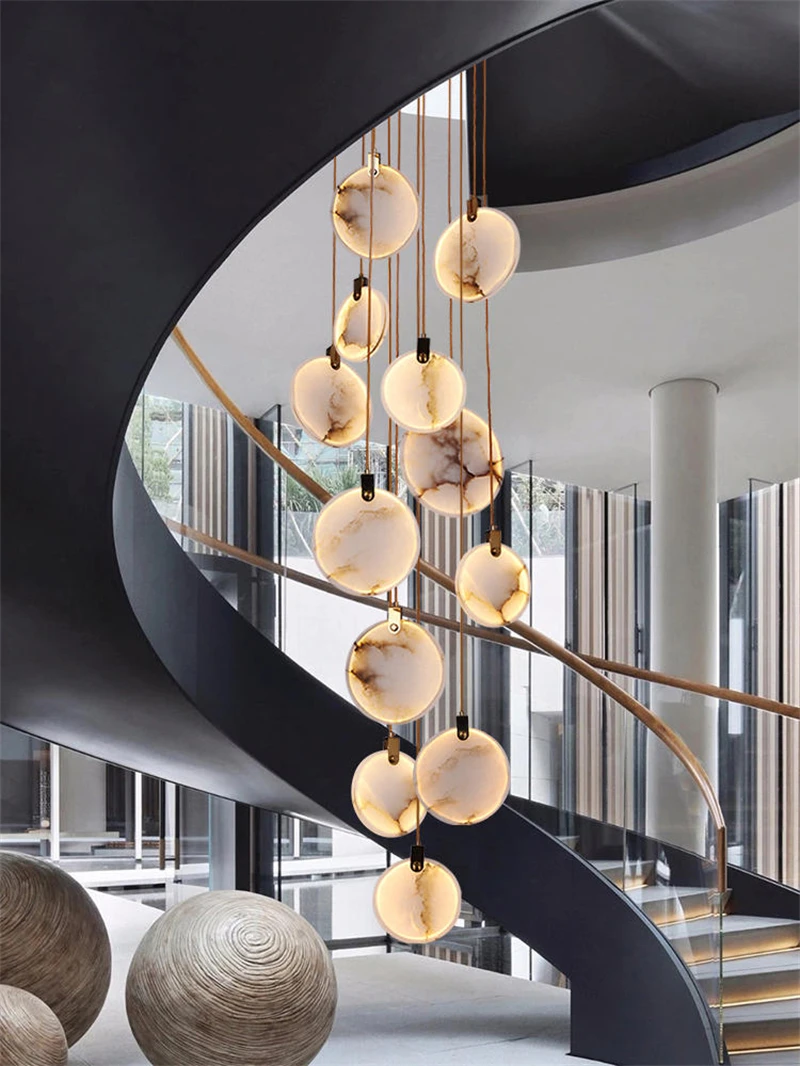 

Modern Marble Crystal LED Chandeliers For Staircase Living Room Luxury Round Cristal Hanging Lamps Villa Long Lighting Fixtures