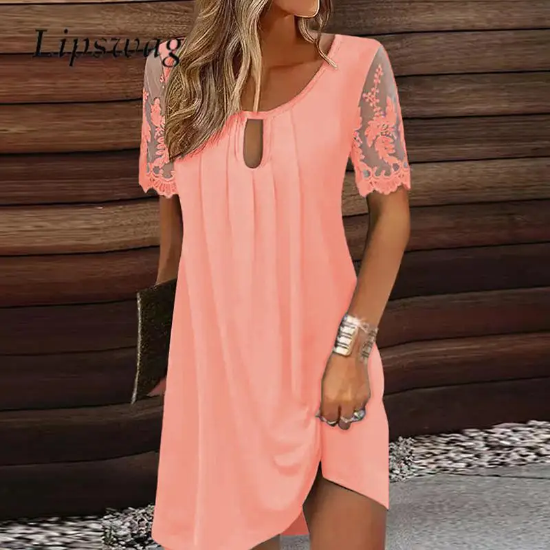 

Summer Round Neck Hollow Out Loose Dress Casual Women's Lace Patchwork Short Sleeve Dress Holiday Solid Color A-Line Beach Dress