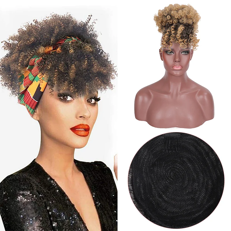 Kinky Curly Chignon With Bangs Synthestic Afro Puff Hair Pieces Drawstring Ponytail Elastic With Hair Extensions Hairpieces