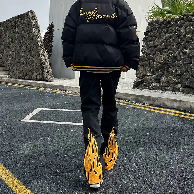 Мужские свободные прямые длинные брюки жареные уличные джинсы с вышивкой