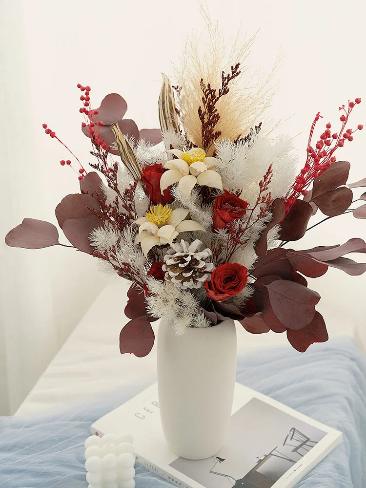 

Artificial Handmade Flowers Bouquet For Arrangement Pampas White Ruscus Bundle Eucalyptus Leaf Dried PengLai Pine Bundle