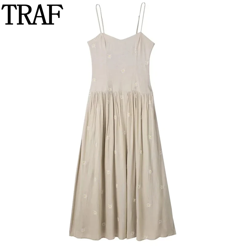 

TRAF Embroidery Corset Midi Dress Woman Sleeveless Slip Dress Pleated Backless Long Dresses For Women Summer Elegant Beach Dress