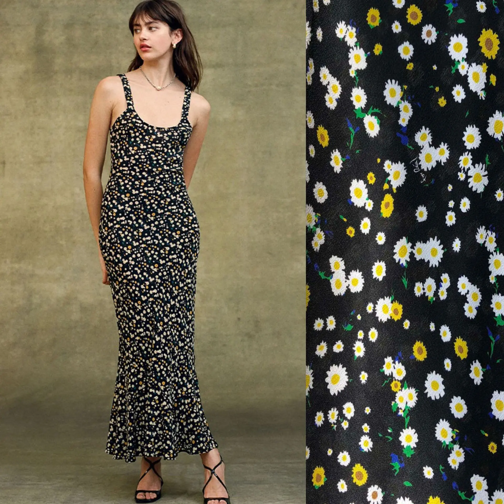 

Women's Silk long skirt New daisies printing French style retro floral skirt elegant suspender fishtail dresses for Women