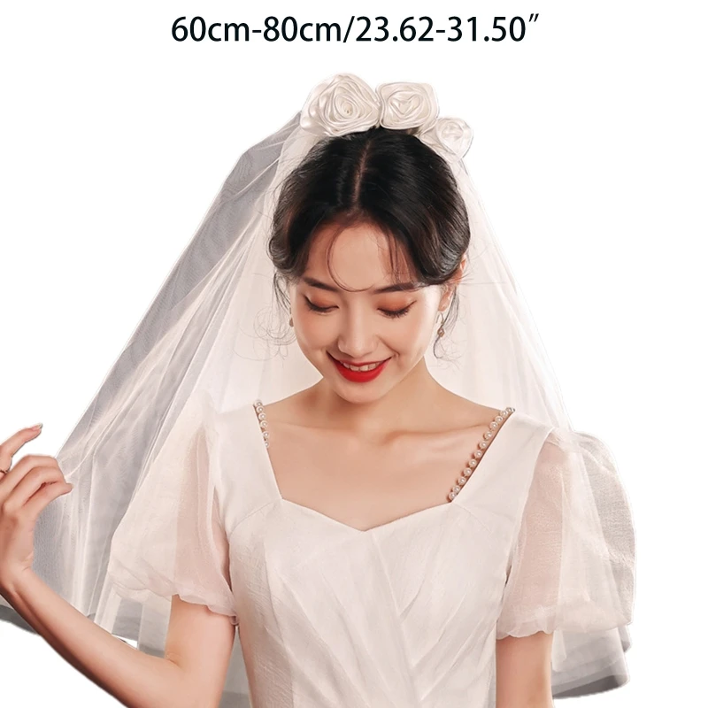 

Wedding Bridal Veil Double Layers Short Length Sheer Veils with Rose Flowers Hair Accessories for Bride Cut Edge