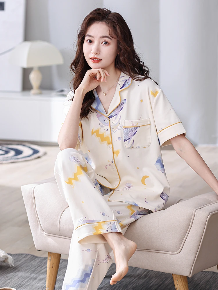 Oxygen Time Pajamas Women Summer Spring and Autumn Thin Pure Cotton Short sleeve Trousers Cardigan New Home Wear Set