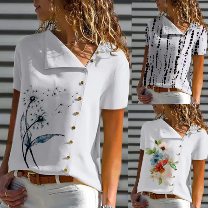 

2023 Summer New Women's Fashion Button Irregular Diagonal Neck Short Sleeve Shirt Sexy Plus Size Cardigan Elegant Top