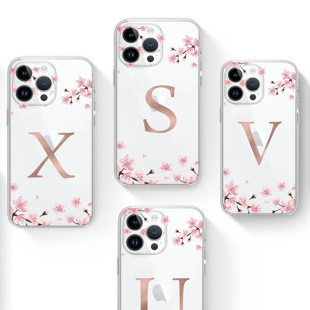 Transparen Luxury Phone Case For Apple iPhone 13 14 12 Mini 11 Pro Max X XS XR 7 8 Plus 6 6S SE Cover Pink Flowers Letter K