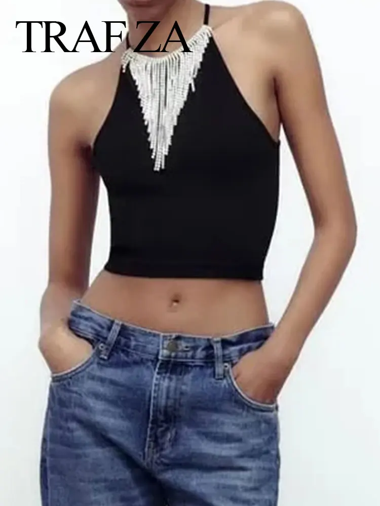 

WESAY JESI 2022 женские модные украшенные искусственными драгоценными камнями топы с воротником хомутиком сексуальные тонкие майки элегантные о...