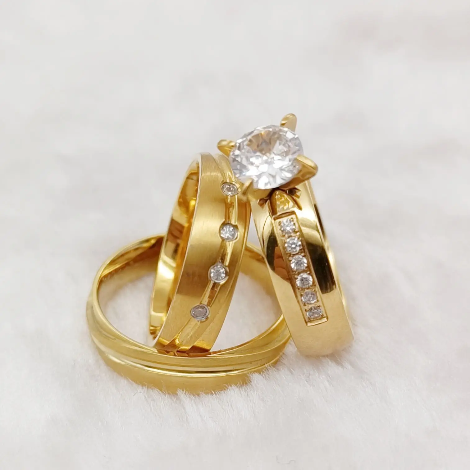 

Designer jewelry famous brands factory cz Diamond Lover's 24k Gold Plated Wedding Engagement Couples Ring Sets for Men and Women