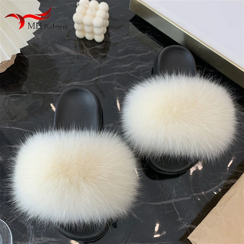 Fox Fur Slippers Luxury Designer House Shoes Fluffy Cute Home Plush Ladies Flip Flops Summer Outdoor Casual Fashion Flat Sandals