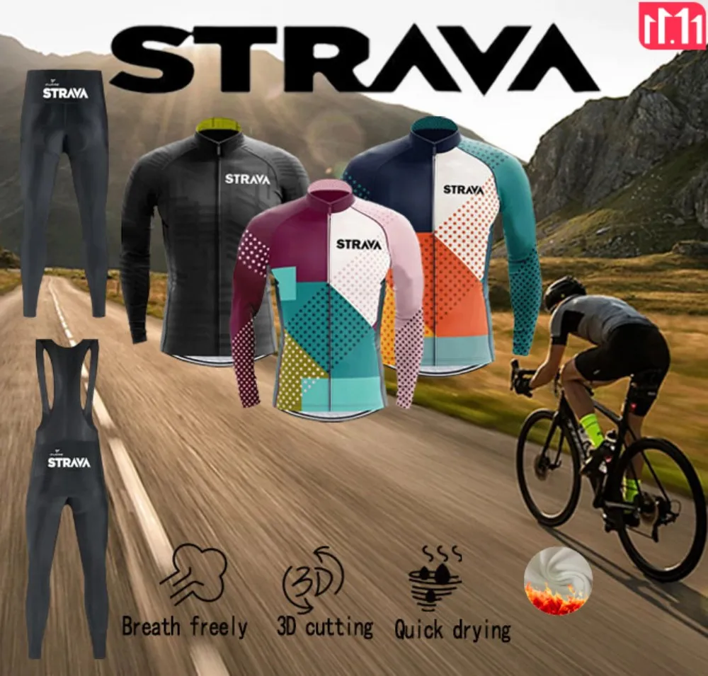 STRAVA Cycling Road Mountain Bike Men's Jacket Winter Fleece Long Sleeve Sports Three-Piece Christmas Gift