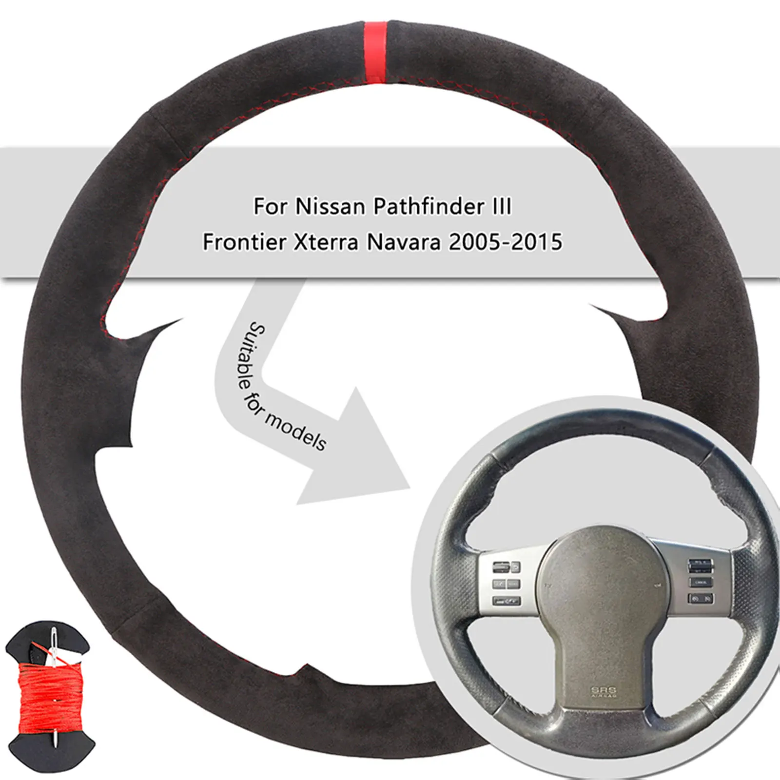 Фото Темно-серый автомобильный чехол на руль для Nissan Pathfinder III Frontier Xterra Navara 2005-2015, замшевая кожаная оплетка на руль №1