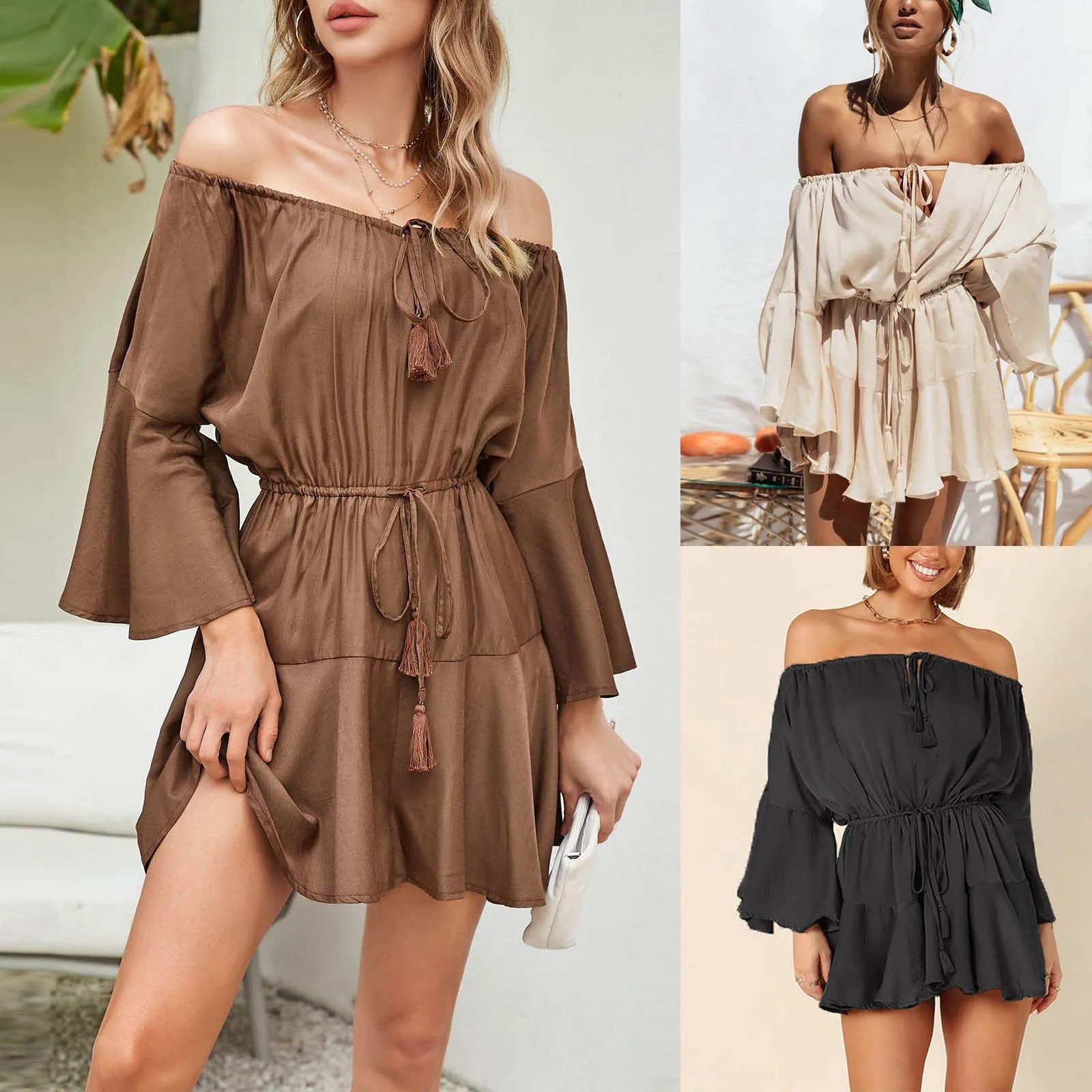 

Women's Dress AdjustableLoose Jumpsuit High Waist Drawstring Solid Color Tie Bell Sleeves Casual Printed Dresses For Women 2023