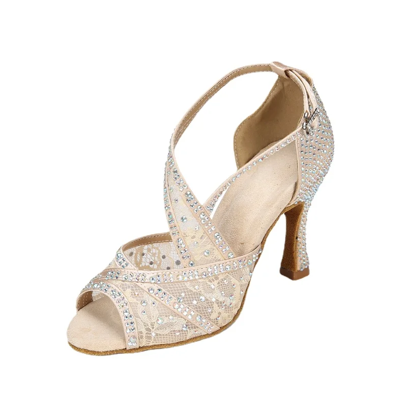 

Mesh Breathable Latin Dance Shoes Women's High Heel Diamond 2023 Summer Sandals Indoor Soft Bottom Jazz Tango Sasa Free Shipping