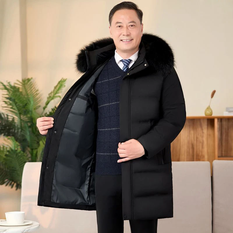 Длинный пуховик для мужчин пальто на белом утином пуху зимнее пальто-пуховик