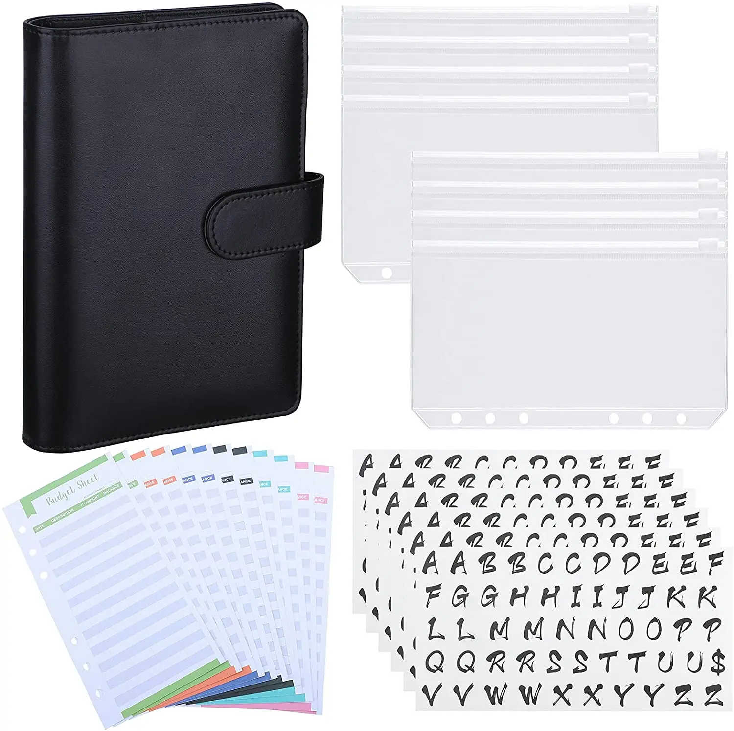

29 Pieces A6 PU Leather Cash Budget Binder System with Binder Pockets,12pcs Expense Budget Sheets and 6 Sheets Sticker Label