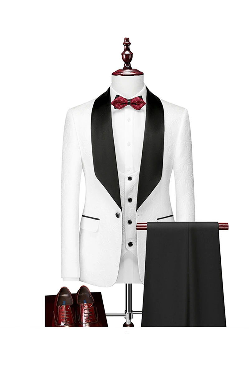 Male White Suit High-Gade Evening Dress With Printed Three-Pieces Tuxedos Slim Fit Wedding Groom Suit  (Jacket+Pant +Vest)