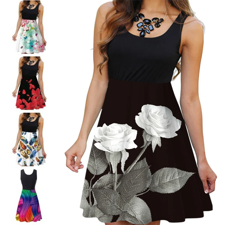 

Women Sleeveless Dress Fashion Summer Casual Floral 3D Print A Line Dresses Round Neck Elegant Party Dress Oversized S-5XL