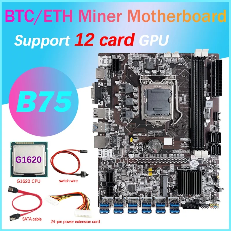 

B75 12 Card BTC Mining Motherboard+G1620 CPU+24Pin Extension Cable+SATA Cable+Switch Cable 12XUSB3.0 LGA1155 DDR3 MSATA