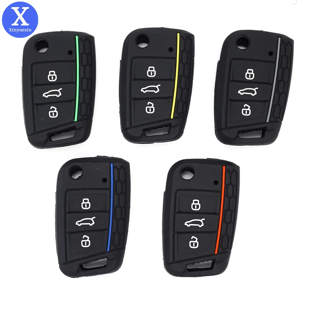 Xinyuexin Car Key Cover Silicone Case for VW Golf 7 MK7 3 Buttons Flip Folding Remote Key Fob for Seat for Skoda Car Accessories