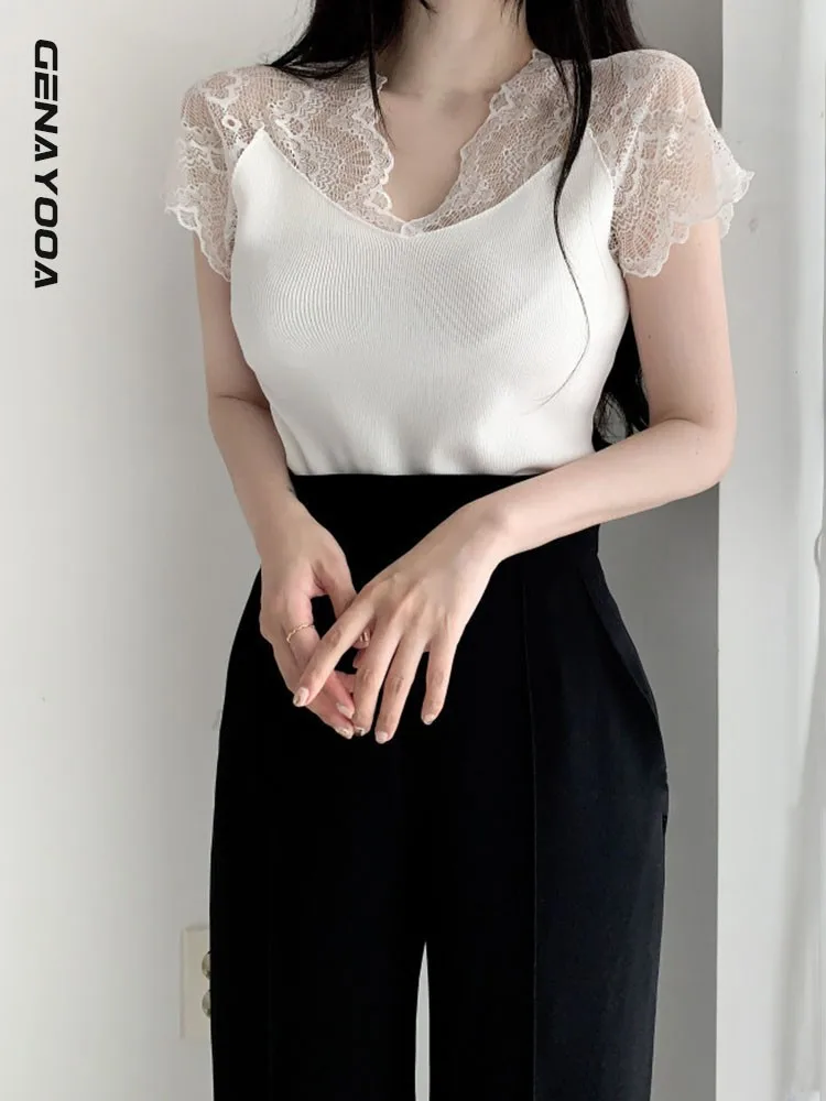 

Genayooa Patchwork Lace Knitted Tank Tops Black White 2022 Summer Office Lady Top Women Clothing Korean Elegant Sleeveless