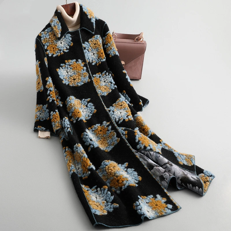 2022 New Winter Real Fur Coat Women Sheep Shearing Jacket Fashion 3D Print Floral Contrast Color Long Clothes Plus Size Tops