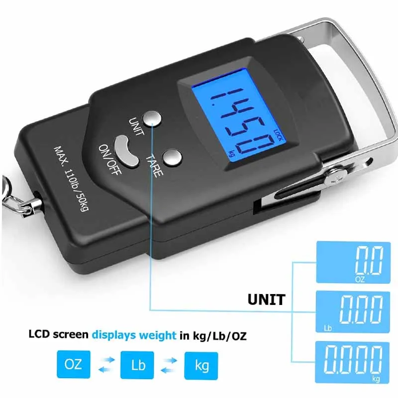 

50kg/10g LCD Digital Scale for Fishing Luggage Travel Weighting Steelyard Hanging Electronic Hook Scale Kitchen Measuring Scales